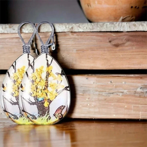 Resin Flower Pressed & Tree Tear Drop Pendant Charm Stainless Steel Necklace - Picture 3 of 3